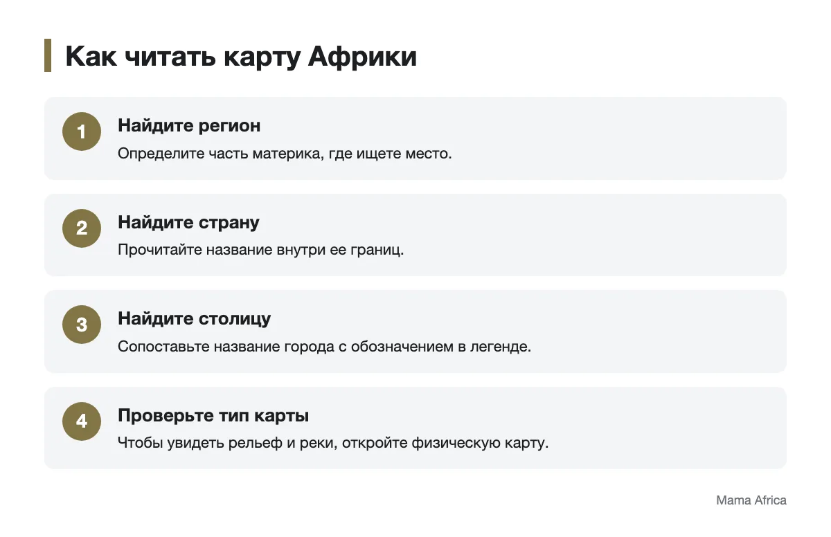 Последовательность поиска региона, страны и столицы на карте Африки