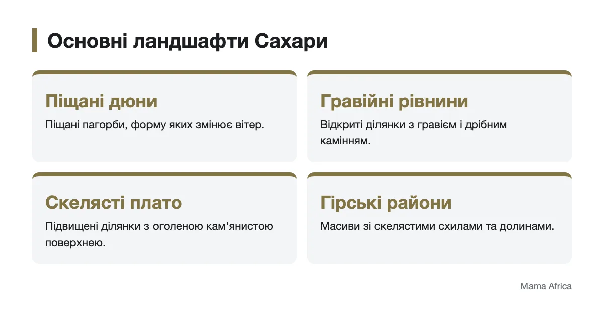 Чотири типи ландшафтів пустелі Сахара Інфографіка з піщаними, гравійними, скелястими й гірськими ландшафтами Сахари